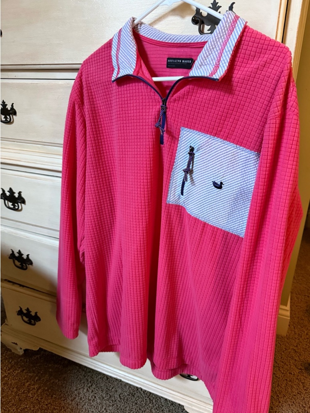 Southern Marsh Hot Pink Waffle Quarter Zip Pullover with Striped Pocket *New